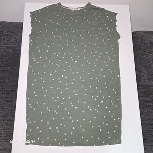 Boden Olive Green T Shirt Dress with Metallic Gold Polka Dots
